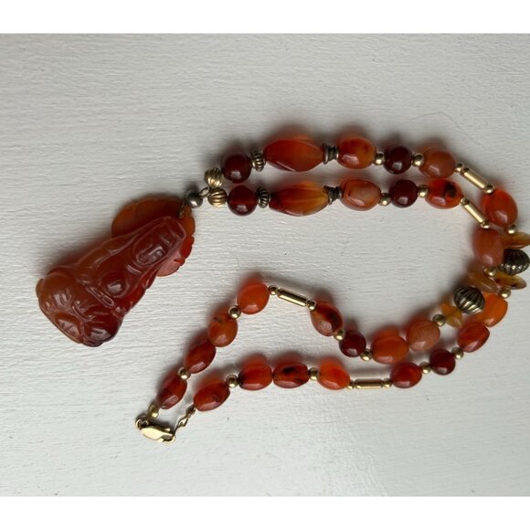 14k GF Carnelian Agate Beaded Necklace with Carved Guan Yin Buddhist - Picture 10 of 13